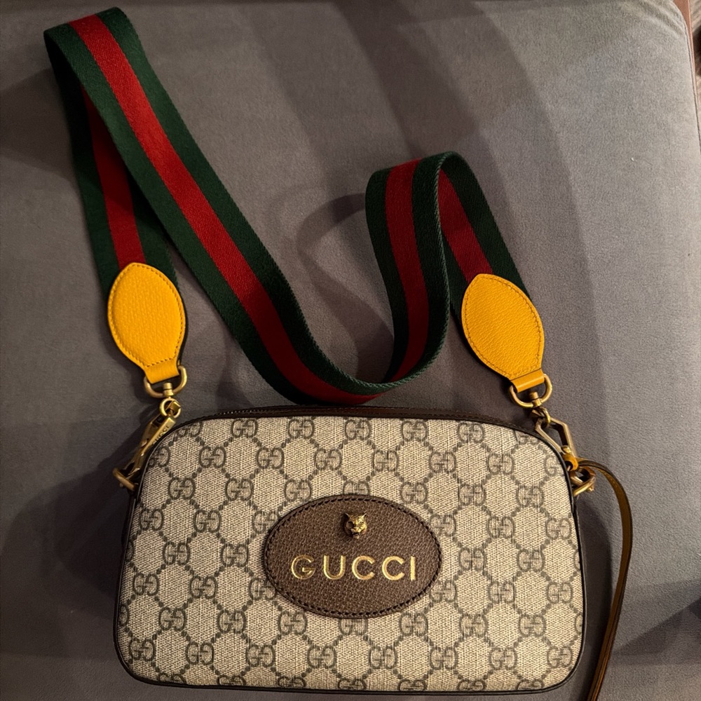 Gucci Beige and Brown Logo Crossbody with Green and Red Strap